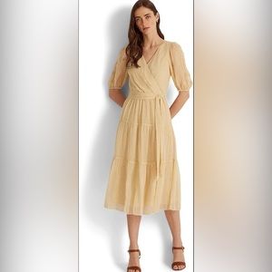 NWT Lauren Ralph Lauren Women's Beige Dobby Puff Sleeve Midi Dress, Size 16